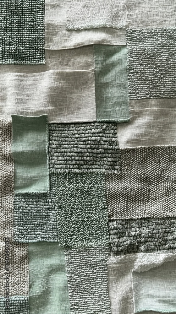 Poster interwoven textures in soft gray and muted green form a calming patchwork, inviting viewers into a w