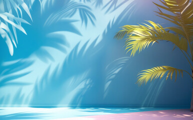 stock photo features a minimalist, generative concept with palm leaves casting shadows on a blue wall and pastel floor, creating a summer tropical beach background in an empty room ideal for product