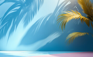 stock photo features a minimalist, generative concept with palm leaves casting shadows on a blue wall and pastel floor, creating a summer tropical beach background in an empty room ideal for product