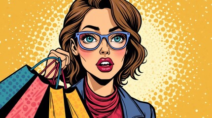 Pop Art Stylish Woman with Shopping Bags in Retro Comic Book Style