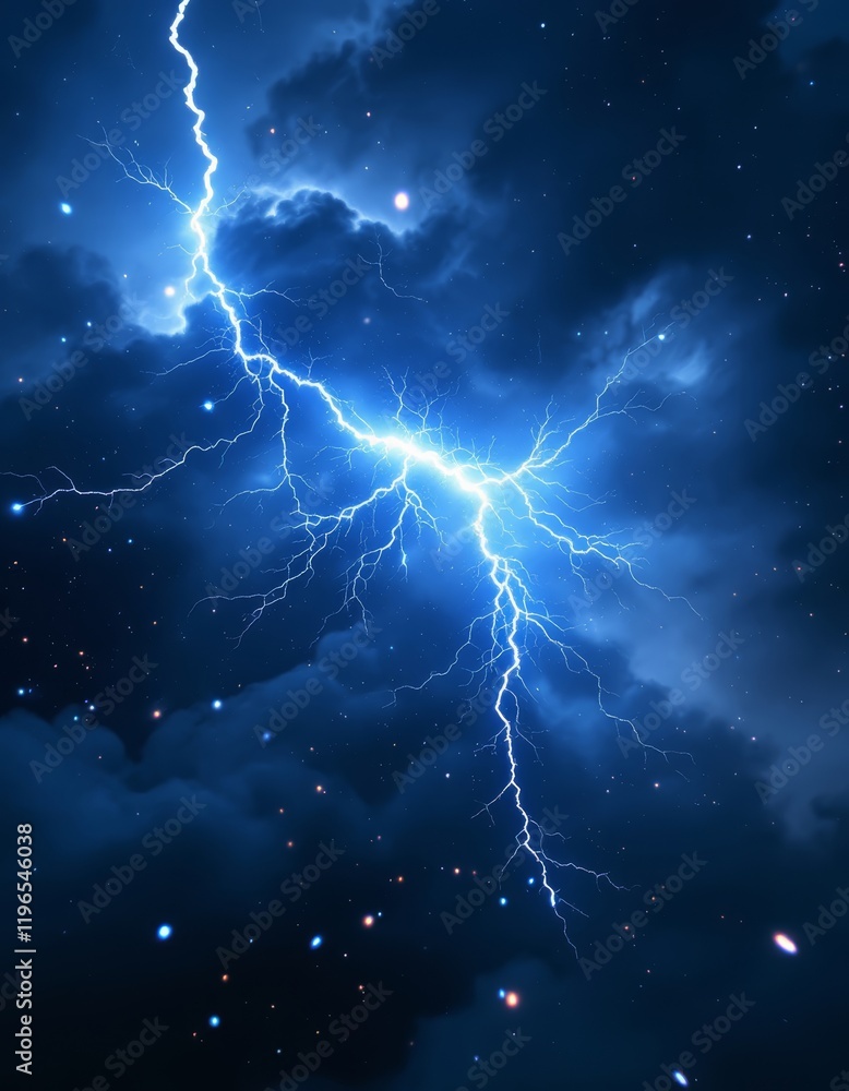 Wall mural a captivating display of a powerful lightning bolt with plasma particles in a dark stormy sky