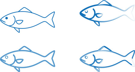 Simple blue fish sketches, minimalist line drawings, repeated fish pattern, hand-drawn style, aquatic theme, light blue outlines, white background, elementary doodles, marine life illustration, childl