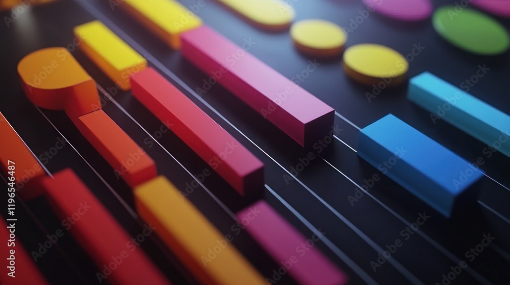 Poster abstract colorful geometric shapes design, vibrant 3d render of multicolored blocks and cylinders