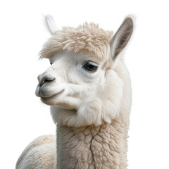 Fototapeta premium Portrait of a fluffy white alpaca against a white background.