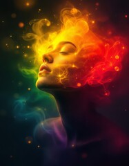 A radiant human figure enveloped in a swirling, multicolored aura, blending vibrant yellows, deep reds, and dark purples to represent varied emotional states