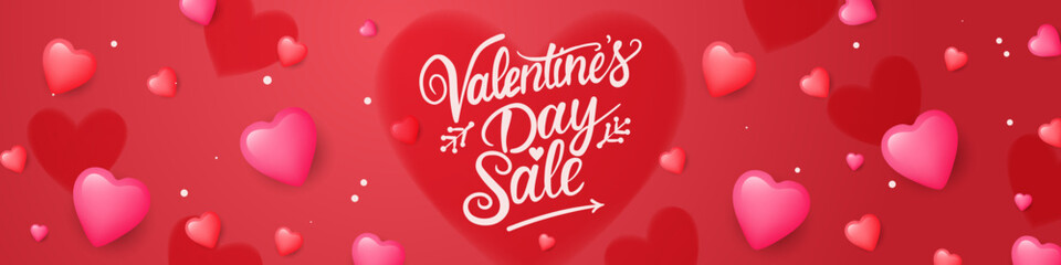 Valentines Day Poster or banner with sweet hearts on red background. Promotion and shopping template or background for Love and Valentine day concept