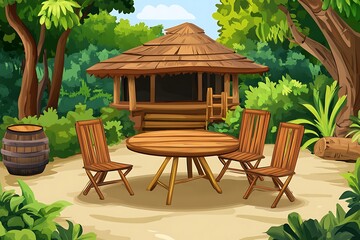 Obraz premium Tropical Thatch Hut Patio: Wooden Table, Chairs, and Lush Foliage