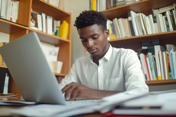Young business man working at home with laptop and papers on desk, Generative AI