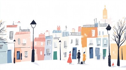Charming European streetscape: A minimalist illustration of colorful buildings, street lamps, and people strolling through a picturesque old town.