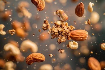 Nuts, granola and mixed seeds falling in air with a blurred background for healthy snack options, nutrition, dietary choices and natural ingredients for recipes.