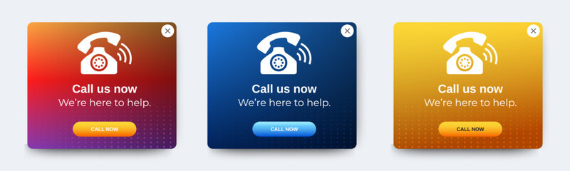Set of Call now pop up banner with flat design on white background. Professional web design, full set of elements. User-friendly design materials. vector