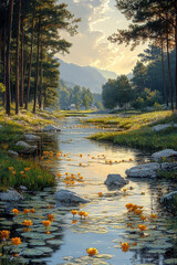 Serene Sunset Over Calm River With Water Lilies