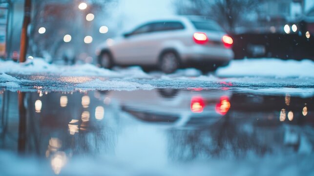 Urban winter scene with car reflection in snowy puddle during twilight