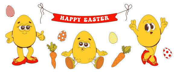 A set of Easter elements egg, carrot, inscription. Happy Easter. An Easter character.