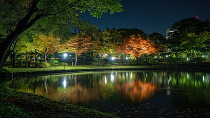 Obraz premium Nocturnal Serenity: Autumn Reflections in a Japanese Garden