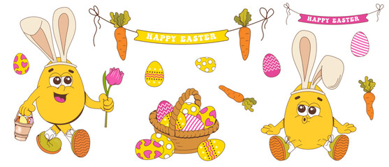 Groovy easter egg mascot characters. Easter set of design elements. Egg, carrot, basket, tulip, flowers, rabbit.