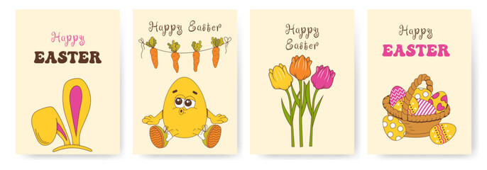 Set of easter greeting card with cute illustrations. Egg hunt event invitation template. Ideal for flyer, postcard, promo.Happy Easter creative poster collection.