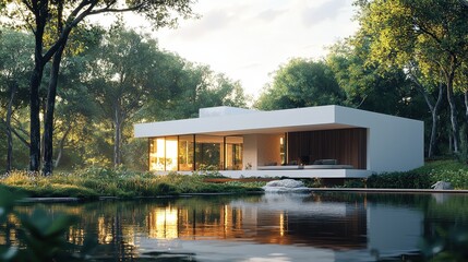 Obraz premium Modern designed white house with big garden and garage exterior view