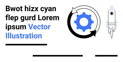 Blue gear inside black circular arrows next to a white rocket with blue accents zooming upwards. Ideal for technology, progress, innovation, startups, business growth, process optimization