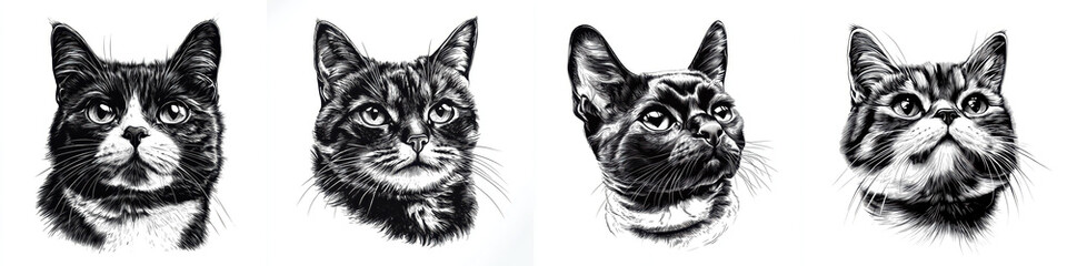 Black and white pencil drawings of four distinct cat portraits, showcasing unique expressions