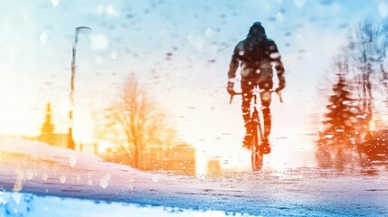 Conceptual reflection of cyclist in puddle with artistic lighting and winter vibes