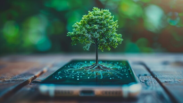 Futuristic digital tree growing from smartphone with holographic eco friendly technology interface
