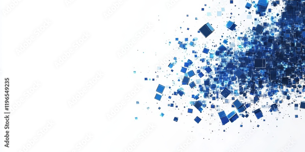 Poster abstract blue cubes exploding on white background.