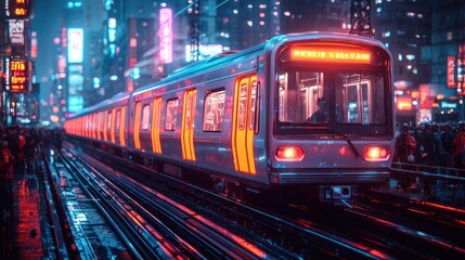 Obraz premium City Night Train Arriving Neon Lights Rain.
