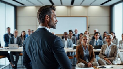Confident businessman giving a presentation in front of crowd in meeting conference seminar room. Leadership authority teamwork in business concept