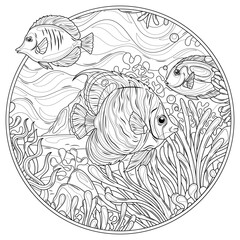 Fish in the ocean among corals.Coloring book antistress for children and adults. 