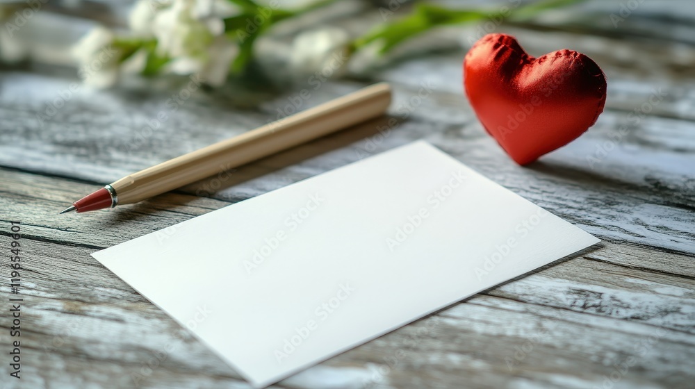 Poster empty blank card with red heart and wooden table background for valentine's day message and greeting