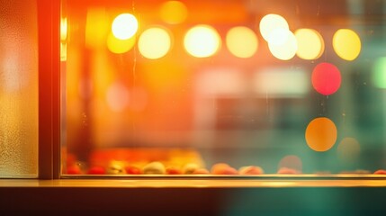 Abstract reflection of vibrant food stall lighting in window display