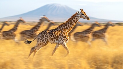 Obraz premium Giraffe herd running, savanna, volcano background, wildlife.