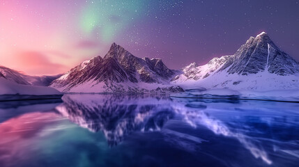 Majestic northern lights illuminate snow covered landscape in Arctic wilderness. Generative AI