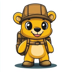 Obraz premium Adorable Cartoon Bear on an Adventure: A Cute Illustration of a Happy Bear Cub with a Backpack, Ready for Travel and Exploration