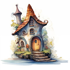 Fototapeta premium Generated imageWatercolor illustration of a whimsical fairytale house with a curved red roof, arched wooden door, and charming windows. Nestled on a grassy base with flowers and decorative details
