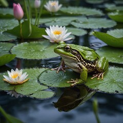 A green frog sitting on a water lily pad, frog's eyes and vibrant green color in sharp focus
