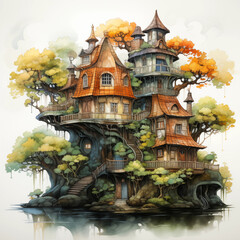 Watercolor illustration depicts a fairytale tree house surrounded by lush greenery. Arched windows, a steep green roof and rustic wooden architecture. Ivy and vines hang down from the balconies. 