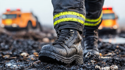 Close up of firefighter boots walking through muddy debris with determination