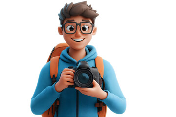 Photographer Holding A DSLR Camera. 3D cartoon character, isolated on transparent or white background cut out, high definition