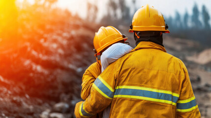 Firefighters in action carrying rescued person amidst smoky and fiery background