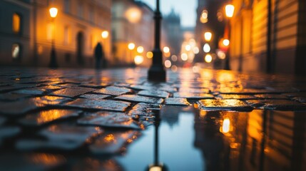 Naklejka premium Night reflection of lamppost on cobbled street during rainy evening