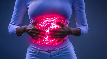 A young woman with a severe stomachache placed her hand on her stomach. idea of gastritis, menstrual pain, or diarrhea