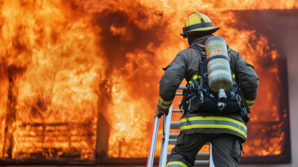 Firefighter climbing ladder toward burning structure with intense flames