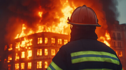 Firefighter in protective gear observing blazing building engulfed in flames