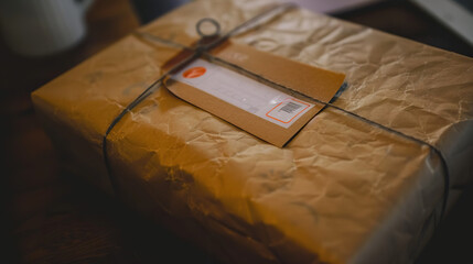  Close-up of Neatly Wrapped Gift Box with Visible Return Label on Minimalist Table, Featuring Elegant Ribbon and Clean Packaging, Perfect for Holiday Returns, Online Shopping, and Modern Gift Presenta