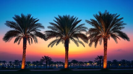 Obraz premium Stunning sunset over palm trees coastal park nature photography warm colors wide angle tranquility