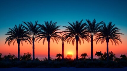 Obraz premium Sunset over palm trees coastal location nature landscape tropical environment vibrant viewpoint
