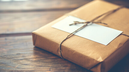  Close-up of Neatly Wrapped Gift Box with Visible Return Label on Minimalist Table, Featuring Elegant Ribbon and Clean Packaging, Perfect for Holiday Returns, Online Shopping, and Modern Gift Presenta