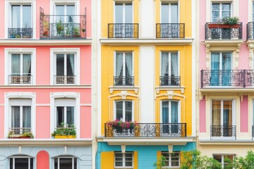 Fototapeta premium Colorful pastel apartment building facade with balconies and windows.